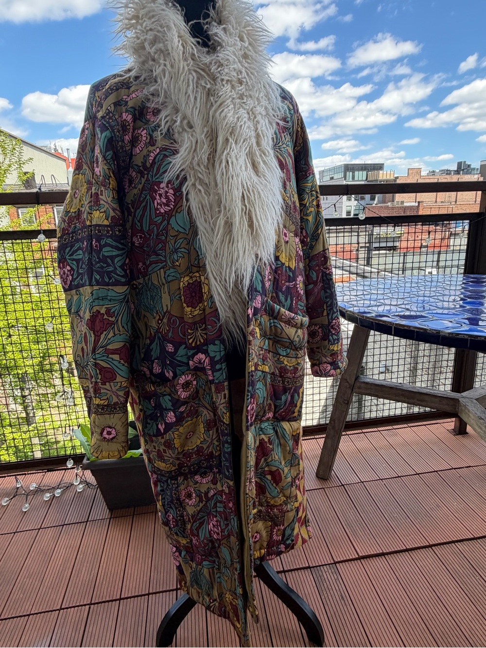 Free People Floral Patchwork Coat with Cream Faux Fur Collar